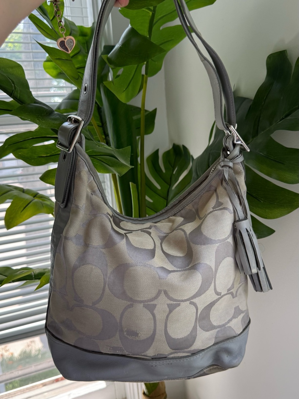 Coach Silver Gray Signature Jacquard Hobo with Tassel